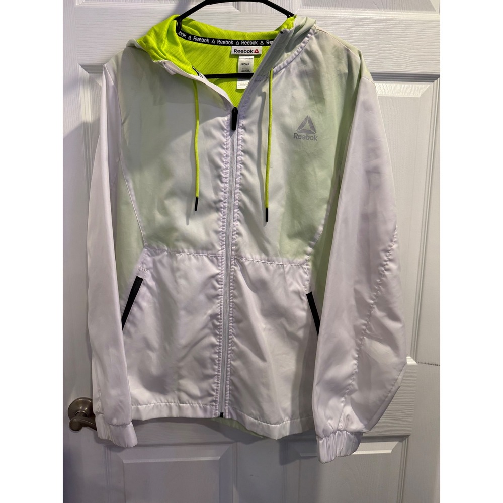 Reebok Mens White Mint Green‎ Neon Full Zip Hooded Windbreaker Jacket REM231JK02